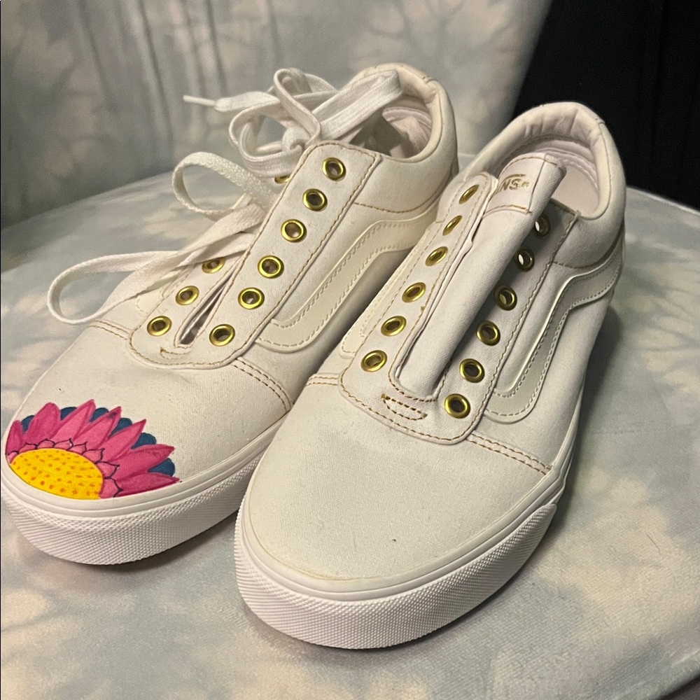 White Sneakers with Pink Flower Design